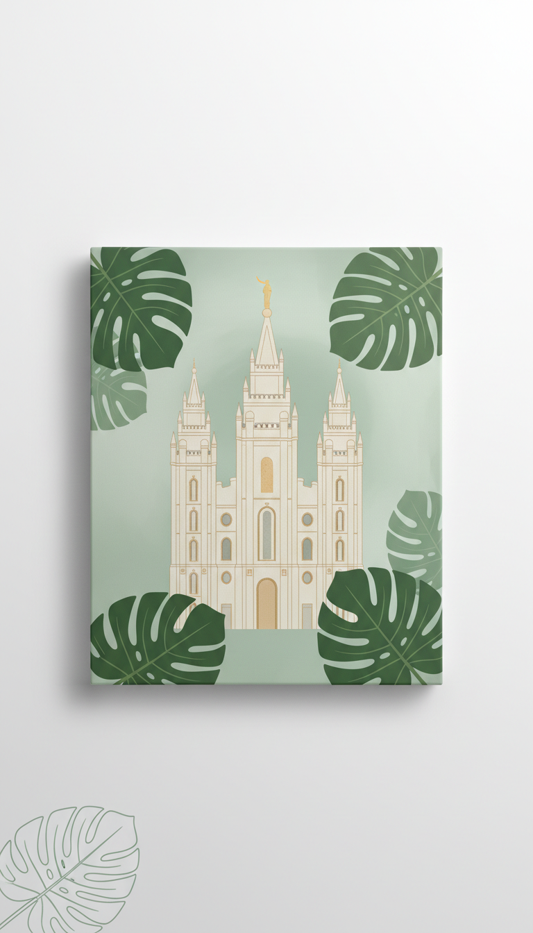 Salt Lake Temple with Monstera Leaves